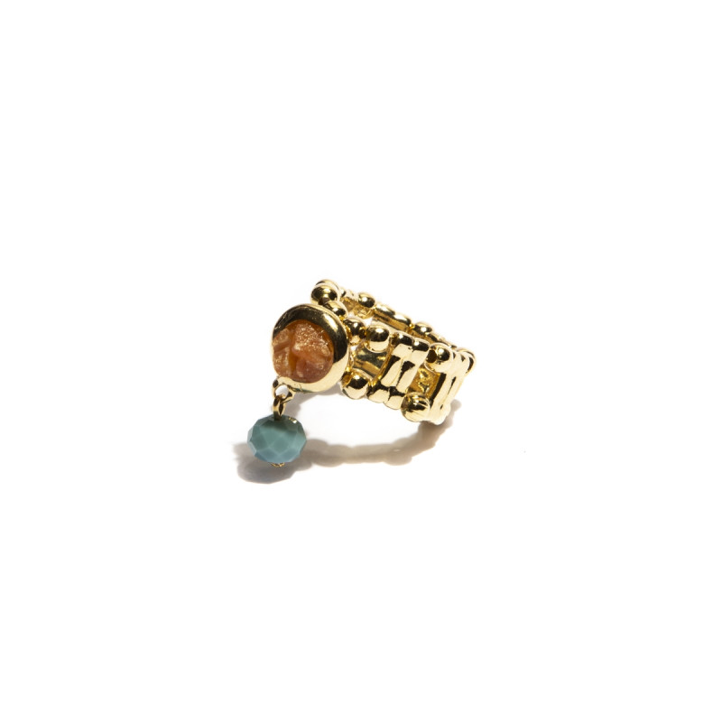 Anel Tatiana Cristal azul e Cascalho Aventurina, banhado em ouro M