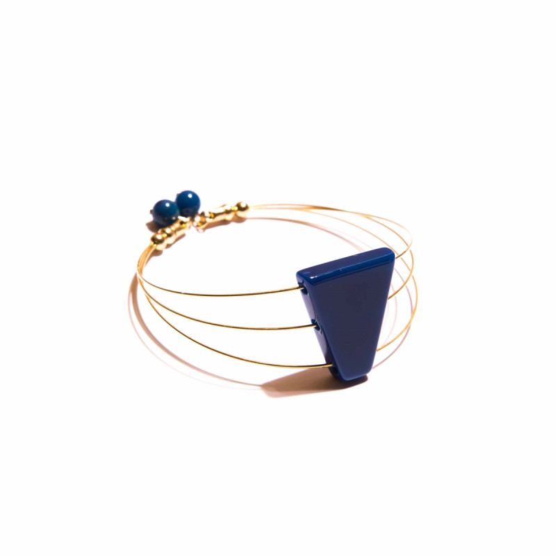 Bracelete Flavia 3 aros banhos em ouro e pedra geométrica Ágata AZUL