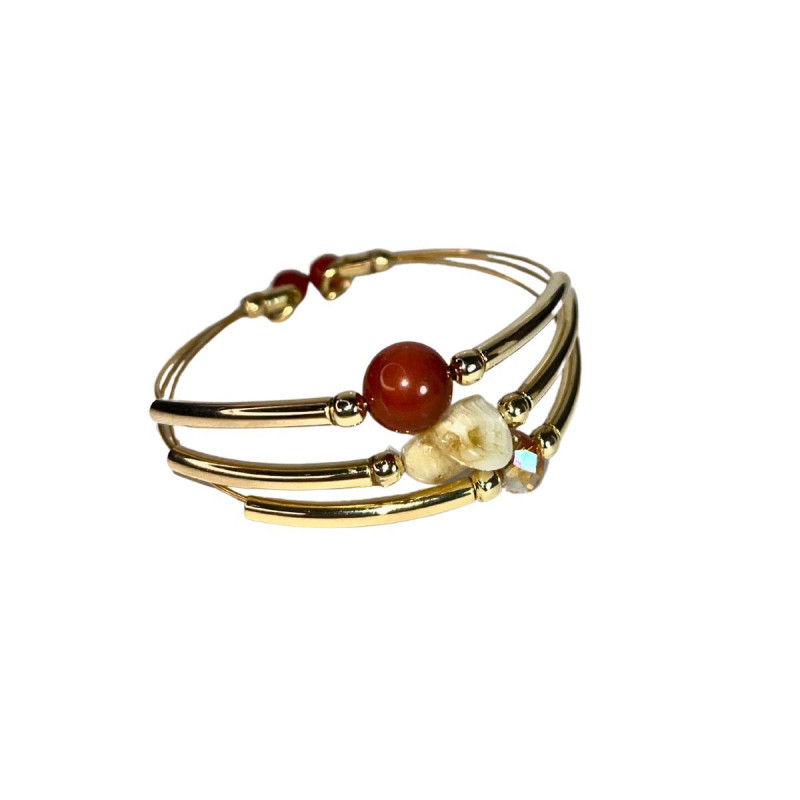 Bracelete Hortência esfera Jaspe vermelho, cristal, Madrepérola e metais banhados em ouro.