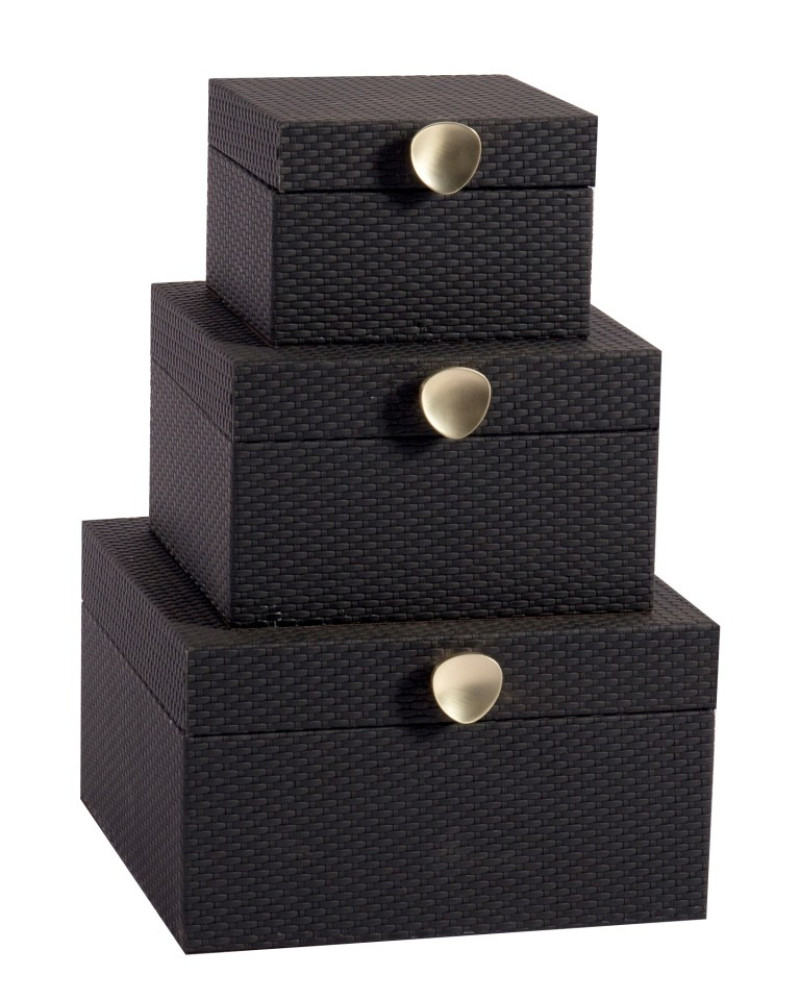 Jogo 3 caixas pretas decorativas MDF detalhe em PU textura trama