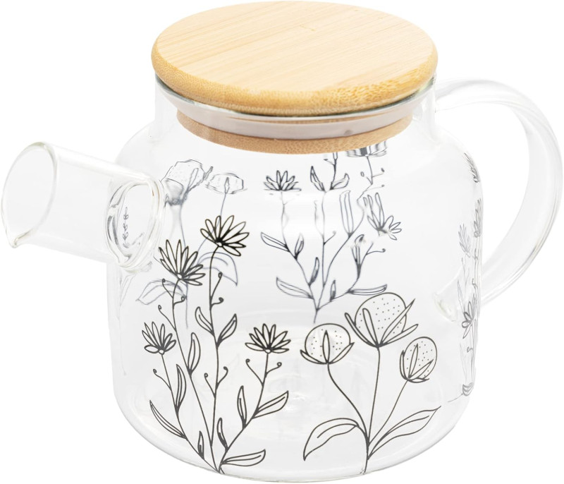  Chaleira de Vidro Borossilicato com Tampa de Bambu Flor 600ml - Wolff