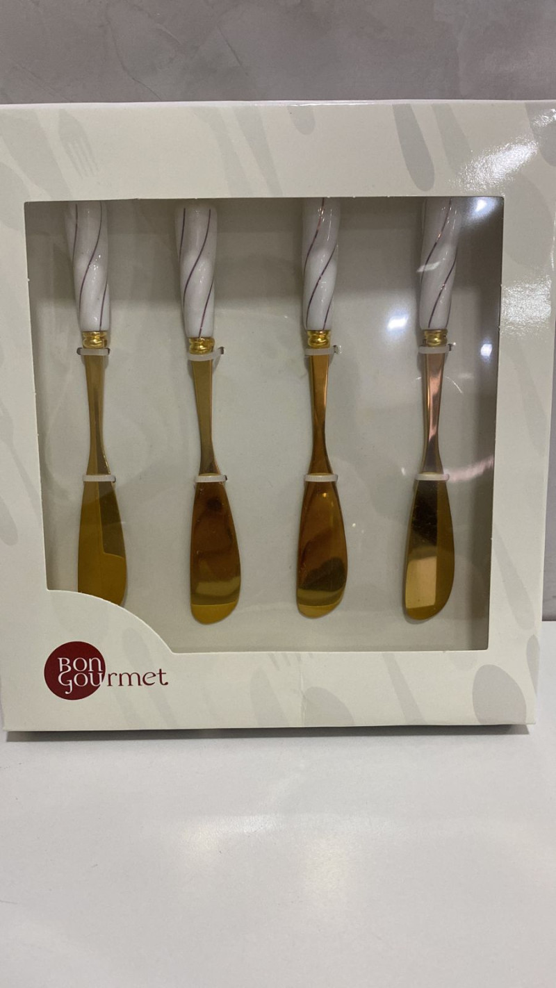 CONJUNTO 4 ESPATULAS AÇO INOX DOURADO COM CABO CERAMICA BRANCO WOLFF