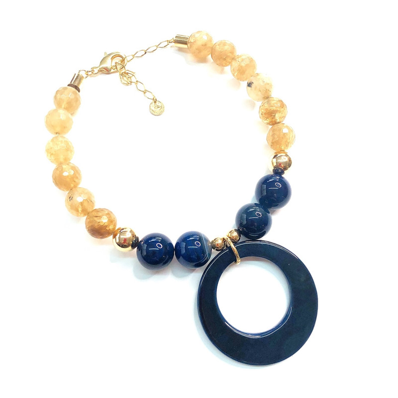 Colar Amélia esferas e pedra Ágata banhado em ouro AZUL