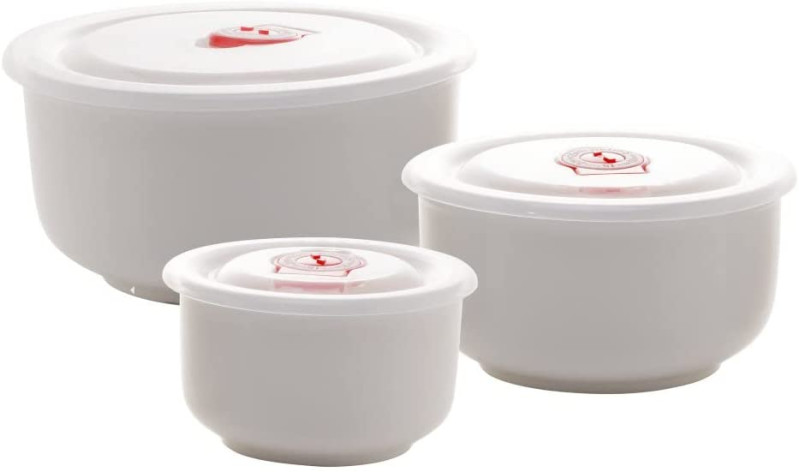 CONJUNTO 3 REFRATÁRIOS DE PORCELANA NEW BONE COM TAMPA DE PLÁSTICO LISO BRANCO 750ML/500ML/250ML - LYOR