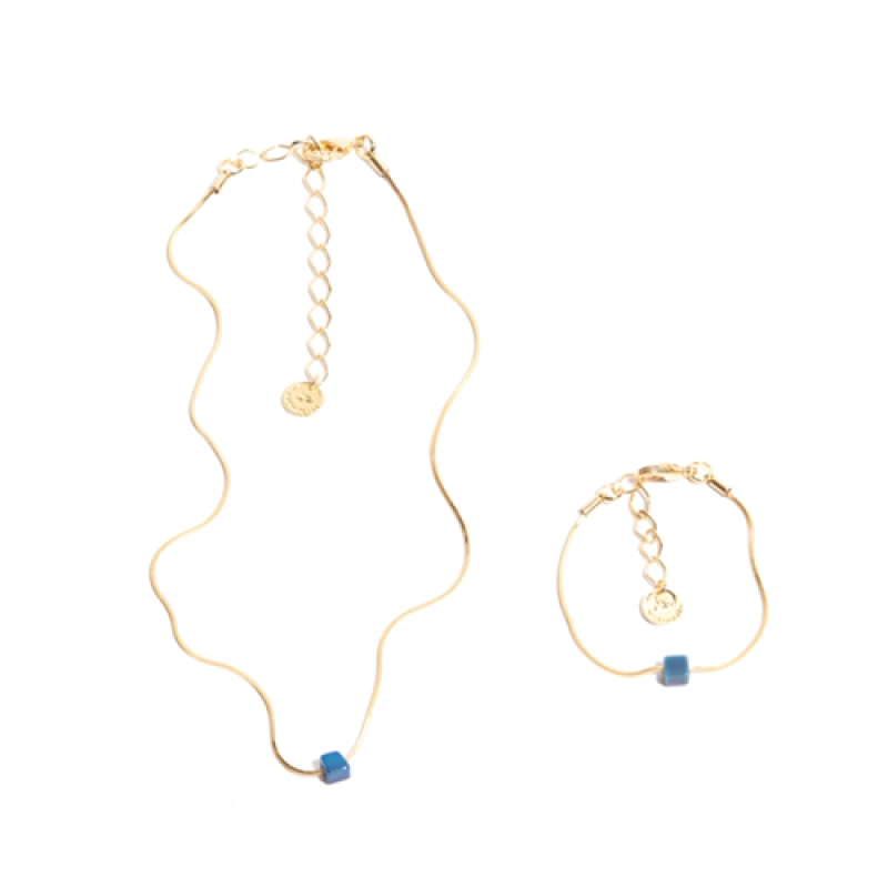 Conjunto colar e pulseira Kelly cubinho pedra Ágata, banhado em ouro AZUL
