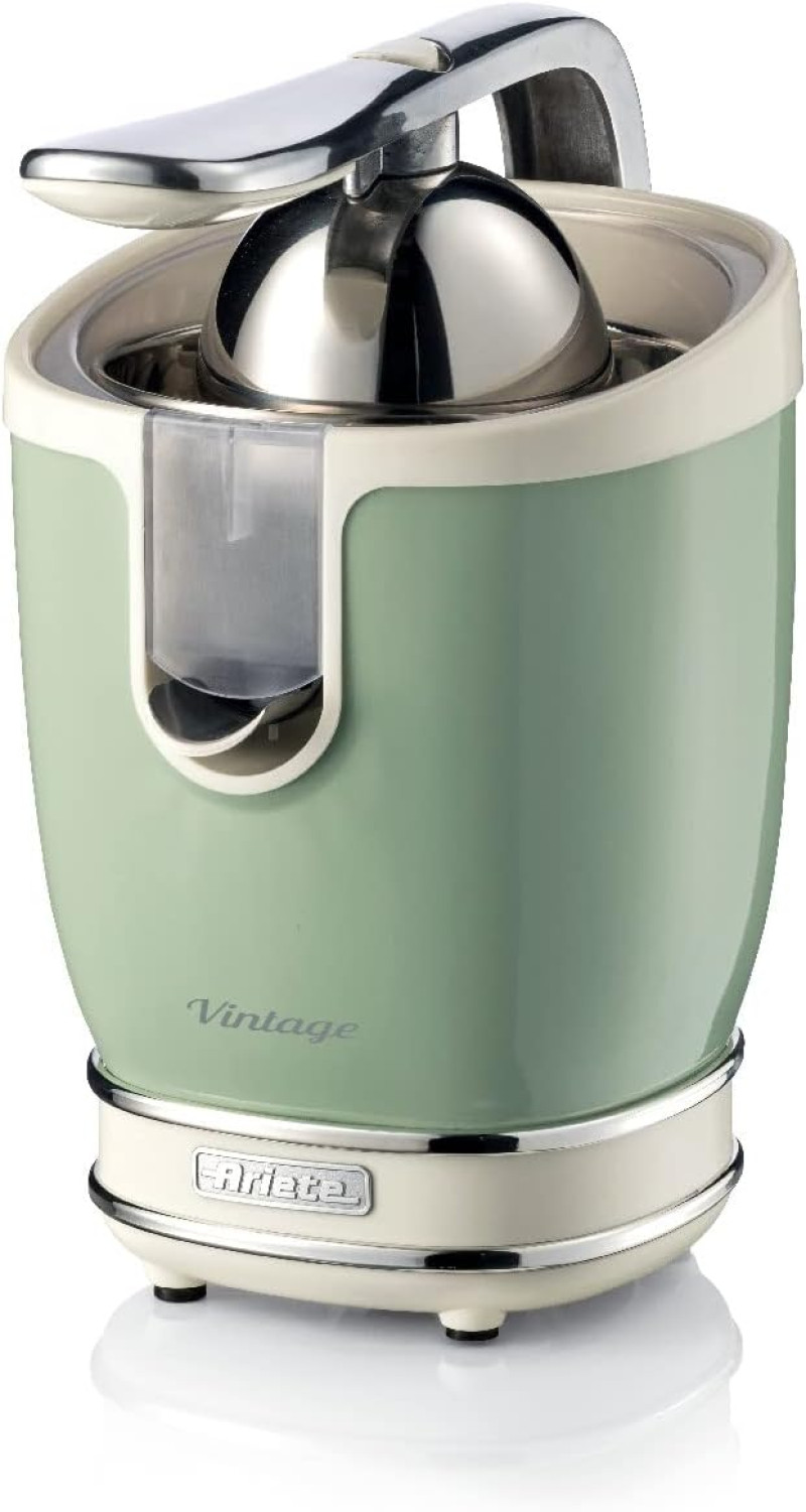 Ariete Espremedor de frutas cítricas elétrico 127w com design vintage e alavanca de pressão, corpo de metal, 2 cones para frutas grandes e pequenas e bico de gotejamento 413/04 verde