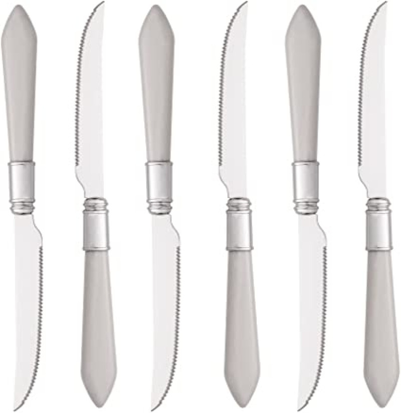 CONJUNTO 6 FACAS PARA CHURRASCO DE AÇO INOX COM CABO PLÁSTICO MOTHER PEARL CINZA 23 CM - LYOR