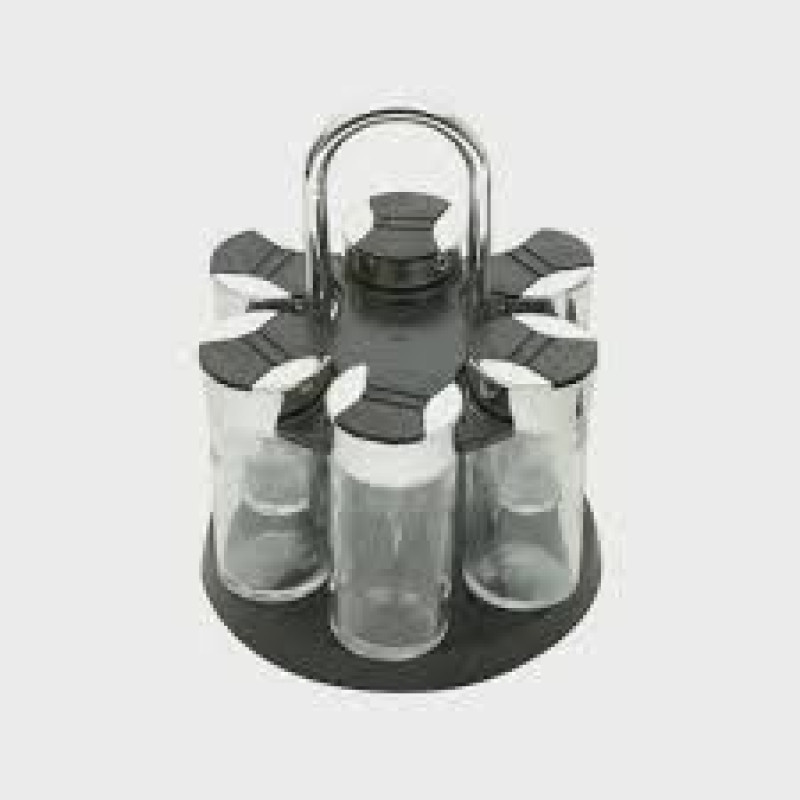 Conjunto 7 peças porta temperos de vidro com tampa de plástico e base giratória preta Luigi Bon Gourmet 
