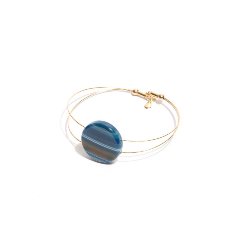 Pulseira Ivone aro banhado em ouro e disco pedra Ágata AZUL