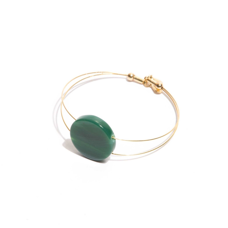 Pulseira Ivone aro banhado em ouro e disco pedra Ágata VERDE