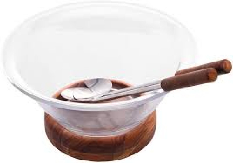 CONJUNTO SALADEIRA COM BASE MADEIRA E PAR DE TALHERES TECA WOLFF