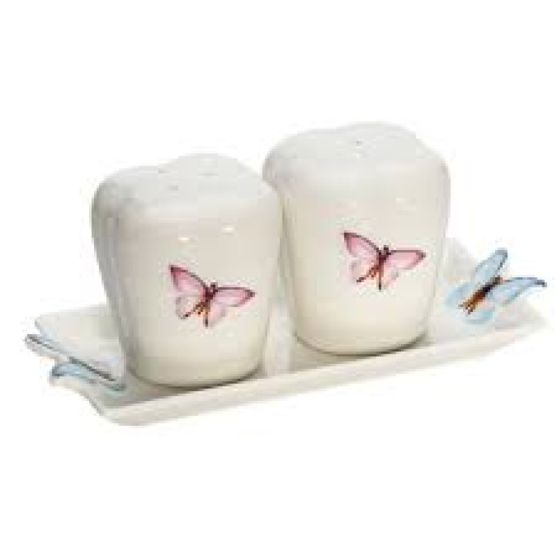 Conjunto 3 Peças Wolff Borboletas de Porcelana saleiro, pimenteiro com bandeja