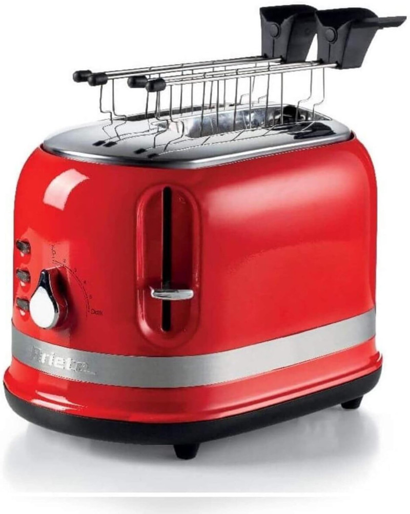 Ariete Torradeira vermelha 2 fatias moderna com pinças, 127w,  ejeção automática, gaveta de recolha de migalhas função descongelação e aquecimento, 6 níveis de torrada, 800 W, plástico