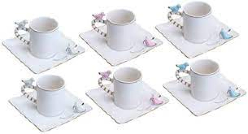 CONJUNTO 6 XICARAS CAFE PORCELANA BIRDS ROUND PLATE COLORIDA 100ML WOLFF