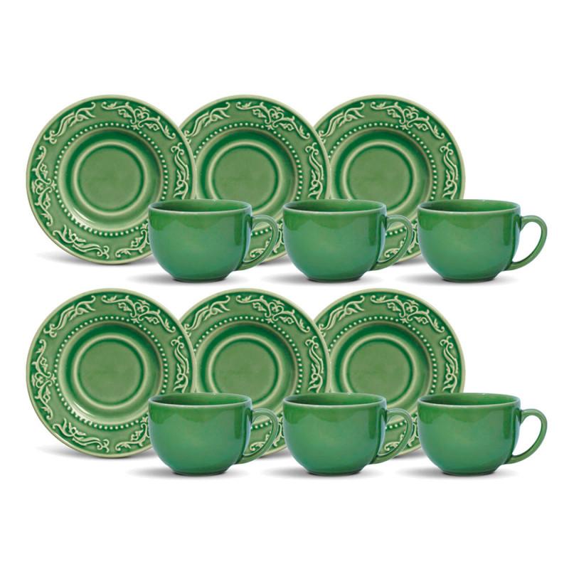 Conjunto  6 Xícaras De Chá com 6 Pires Acanthus Verde Sálvia 161 ml Porto Brasil