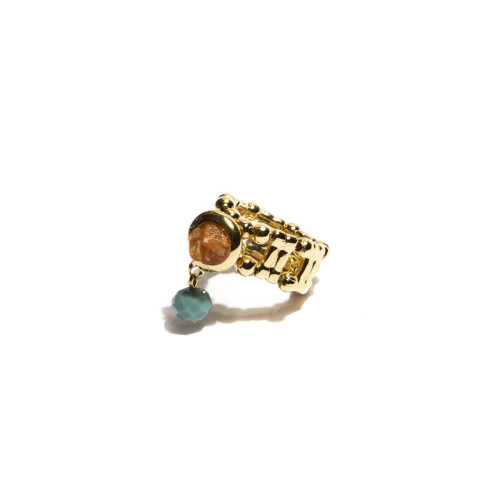 Anel Tatiana Cristal azul e Cascalho Aventurina, banhado em ouro M
