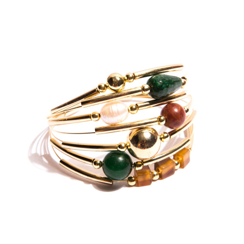 Bracelete Anita 7 voltas pedras naturais, Pérolas, banhado em ouro