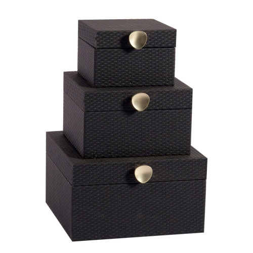 Jogo 3 caixas pretas decorativas MDF detalhe em PU textura trama