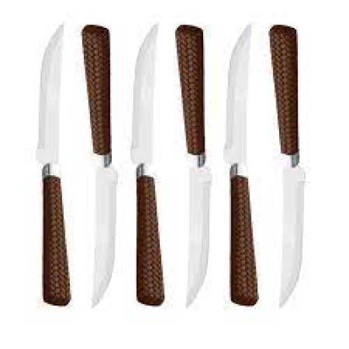 Conjunto com 6 facas pARA churrasco de aço inox c/cabo de plástico rattan marrom LYOR