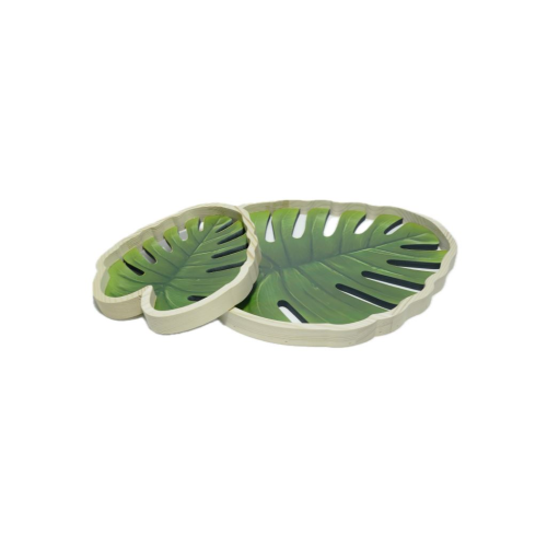 Jogo com duas Bandejas Folha de Madeira vazada verdes 37x33x2,5 e 23x21x2,5 