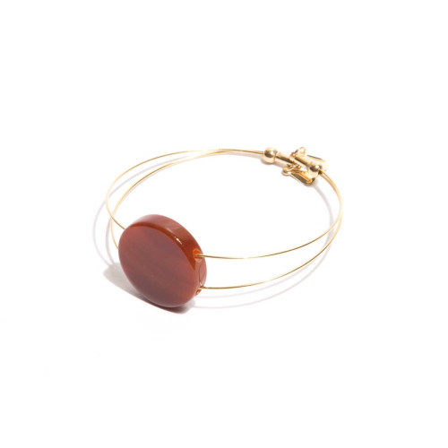 Pulseira Ivone aro banhado em ouro e disco pedra Ágata MARROM