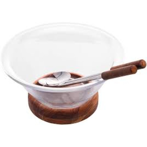 CONJUNTO SALADEIRA COM BASE MADEIRA E PAR DE TALHERES TECA WOLFF