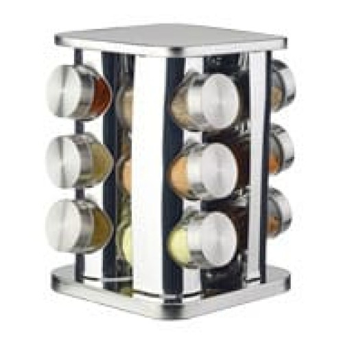 Jogo de 12 porta condimentos com suporte em aço inox L15,7xP15,7xA21,7cm