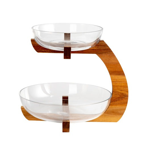 Saladeira Wooden em vidro 2 andares com base de acácia