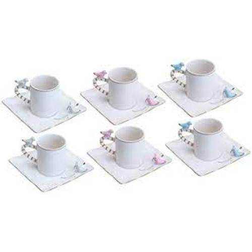 CONJUNTO 6 XICARAS CAFE PORCELANA BIRDS ROUND PLATE COLORIDA 100ML WOLFF