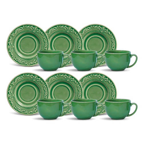 Conjunto  6 Xícaras De Chá com 6 Pires Acanthus Verde Sálvia 161 ml Porto Brasil