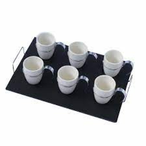 Jogo de 6 Xícaras Café Em Porcelana Branca Alça em inox e Bandeja em Madeira Wolff